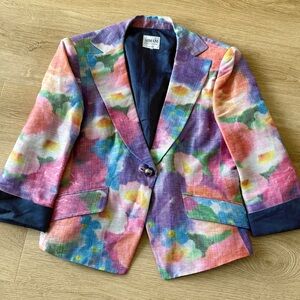 Armani Collezioni Floral Watercolor Print Blazer Pinstripe Cuff Detail